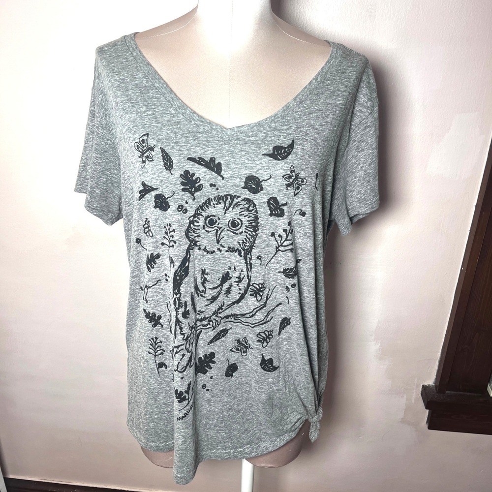 Marushka Gray Hand Printed Owl Graphic V-Neck T-Shirt XL Side Knot Short Sleeve